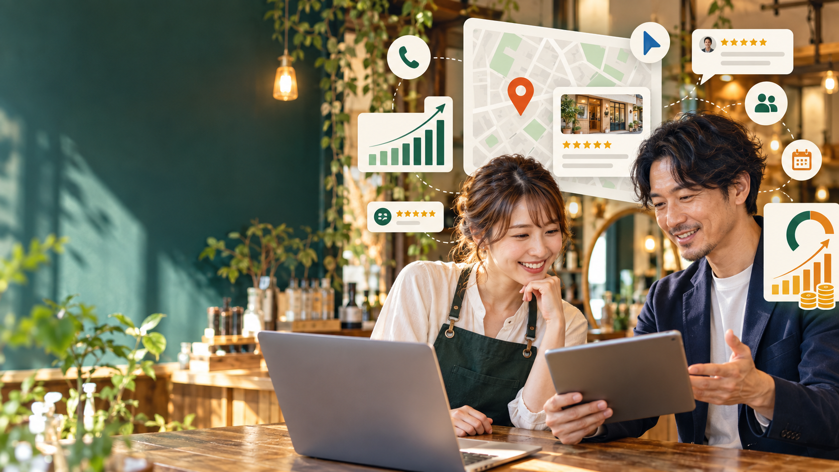 店舗オーナーが地図検索と来店データを確認するイメージ